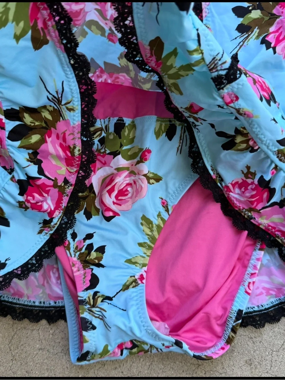 Betsey Johnson Swimsuit Dress Gypsy Rose blue Pink floral Ruffle retro pinup S - Picture 4 of 8